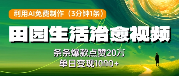 利用AI免费制作田园生活治愈视频，条条爆款点赞20W，单日变现几张-学链网创