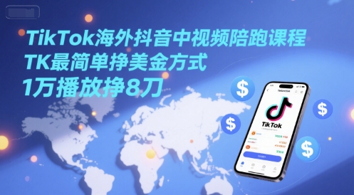 TikTok海外抖音中视频陪跑课程，TK最简单挣美金方式，1万播放挣8刀-学链网创