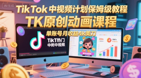 TikTok中视频计划保姆级教程，TK原创动画课程，单账号月收益4k美刀-学链网创