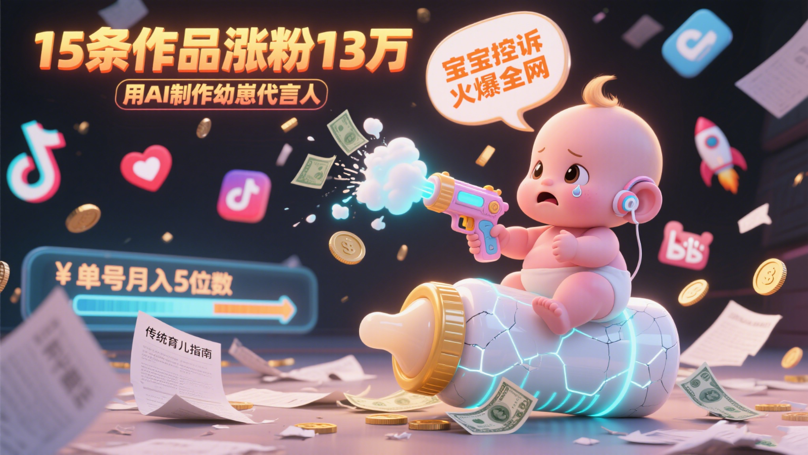 用AI制作幼崽代言人，宝宝的控诉火爆全网，15条作品涨粉13万，单号月入5位数实操教程-学链网创
