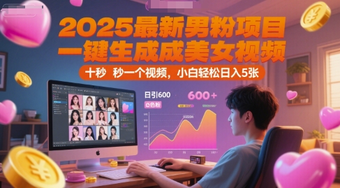 2025最新男粉项目，一键生成美女视频，日引600+色粉 十秒一个视频，小白轻松日入5张【揭秘】-学链网创
