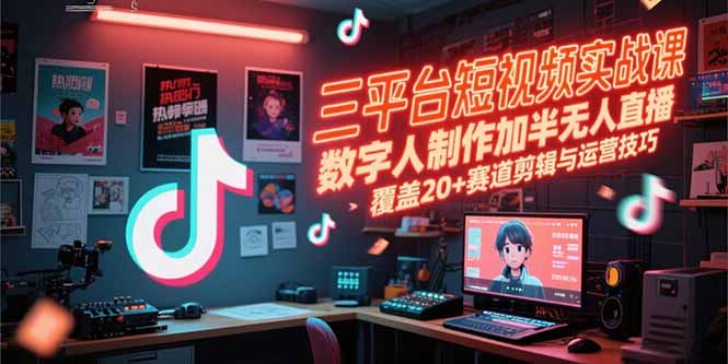 三平台短视频实战课，数字人制作加半无人直播，覆盖20+赛道剪辑与运营技巧-学链网创