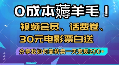 0成本薅羊毛!视频会员、话费卷、30元电影票白送，分享我如何靠转卖一天变现5张+【揭秘】-学链网创