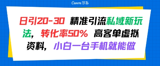 日引 20-30 精准引流私域新玩法，转化率50% 高客单虚拟资料，小白一台手机就能做-学链网创