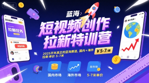 短视频创作拉新特训营，2025开年真正的蓝海赛道，国内+海外，拉新单价5-7米-学链网创