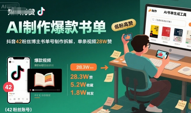 AI制作爆款书单，抖音42粉丝博主书单号制作拆解，单条视频28W赞-学链网创