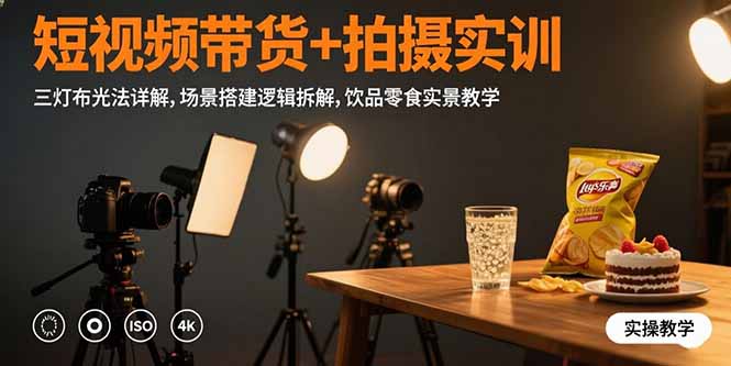 短视频带货+拍摄实训：三灯布光法详解,场景搭建逻辑拆解,饮品零食实景教学-学链网创