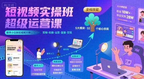 短视频实操班超级运营课，新手小白到短视频大神必修课程，剪辑-拍摄-运营-直播-变现-学链网创