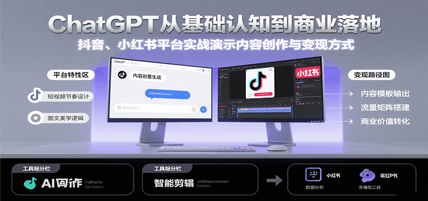 ChatGPT从基础认知到商业落地，实战演示抖音、小红书等平台的内容创作与变现-学链网创