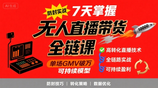 无人直播带货全链防封实战课，7天掌握高转化直播技术，实现单场GMV破万可持续模型-学链网创