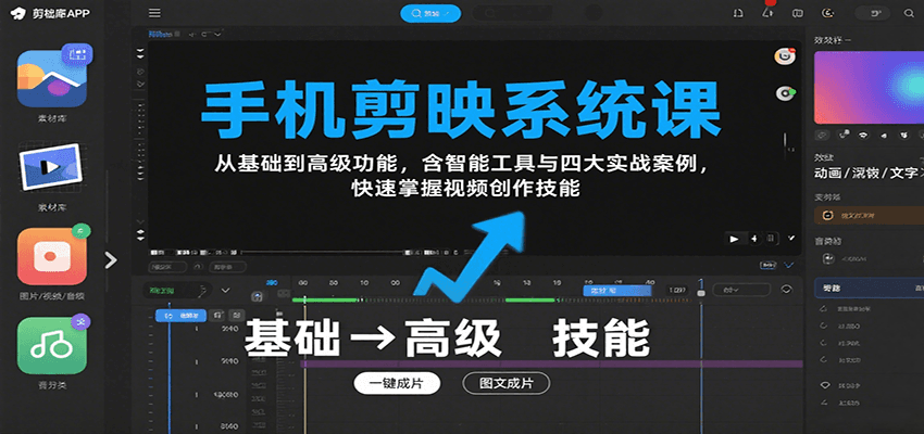 手机剪映系统课，从基础到高级功能，含智能工具与四大实战案例，快速掌握视频创作技能-学链网创
