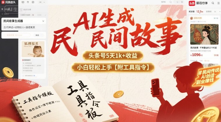 AI生成民间故事，头条号5天1k+，小白轻松上手【附工具指令】-学链网创