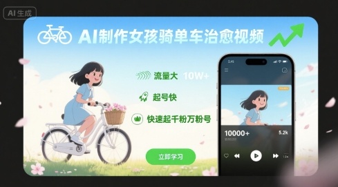 AI制作女孩骑单车治愈视频，流量大，起号快，快速起千粉万粉号-学链网创