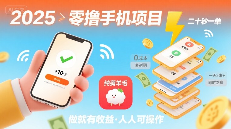 2025年零撸手机项目，二十秒一单，纯薅羊毛 一天2张+做就有-学链网创
