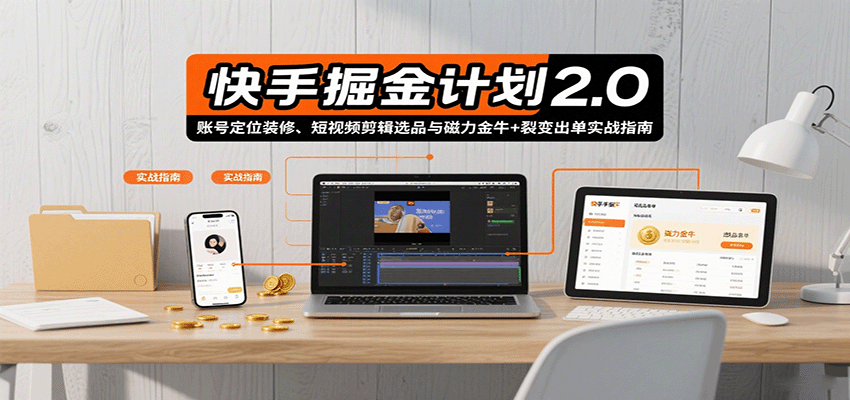 快手掘金计划2.0，账号定位装修、短视频剪辑选品与磁力金牛+裂变出单实战指南-学链网创