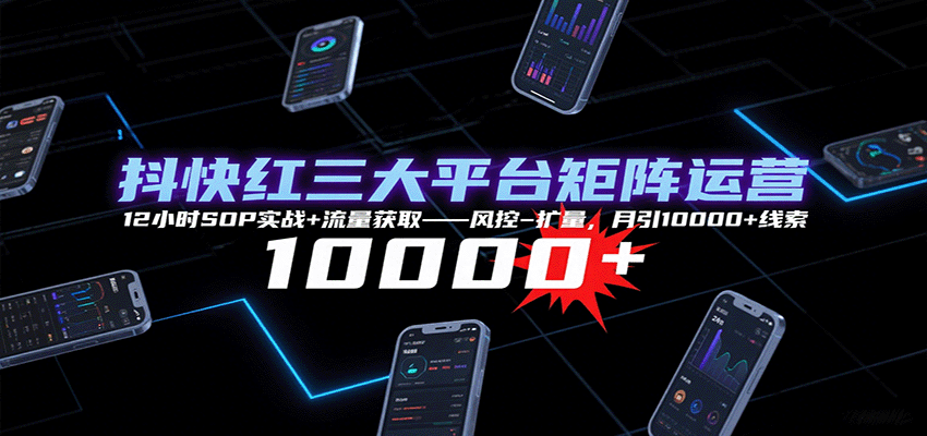 抖快红三大平台矩阵运营，12小时SOP实战+流量获取-风控-扩量，月引10000+线索-学链网创