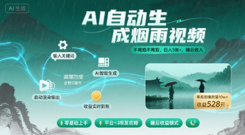 不用拍不用剪！AI自动生成烟雨视频，日入5张+，睡后收入-学链网创