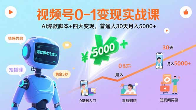 视频号0-1变现实战课：AI爆款脚本+四大变现，普通人30天月入5000+-学链网创