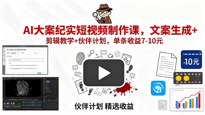 AI大案纪实短视频制作课，文案生成+剪辑教学+伙伴计划，单条收益7-10元-学链网创