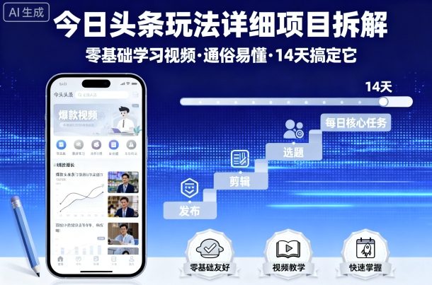 今日头条玩法详细项目拆解，零基础学习视频 通俗易懂 14天搞定它-学链网创