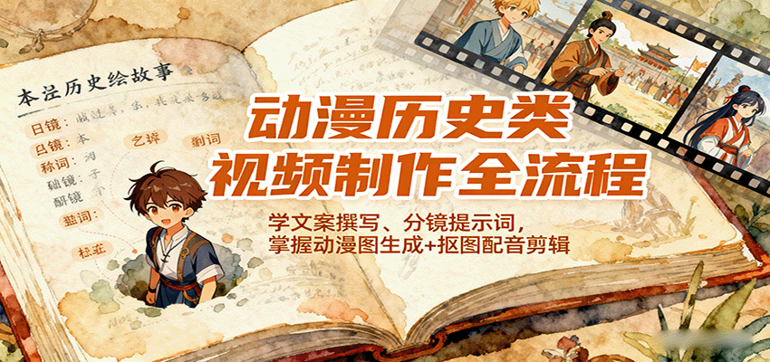 动漫历史类视频制作全流程，学文案撰写、分镜提示词，掌握动漫图生成+抠图配音剪辑-学链网创