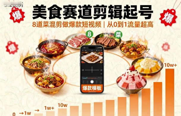 美食赛道剪辑起号，8道菜混剪做爆款短视频，从0到1，流量超高-学链网创