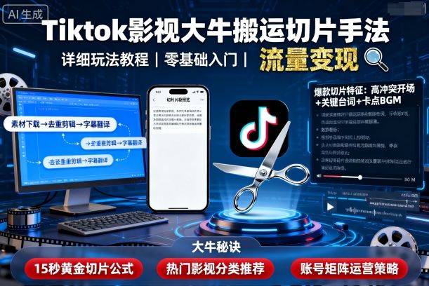 Tiktok影视大牛搬运切片手法，详细玩法教程-学链网创