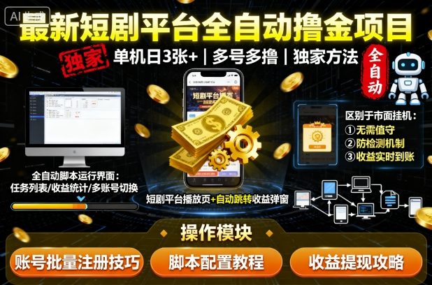 最新短剧平台全自动挂G撸金项目，单机一天3张+，多号多撸，区别于市面所有挂机项目，独家方法【揭秘】-学链网创