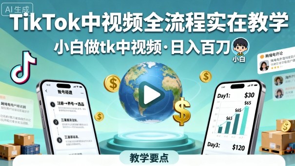 TikTok中视频全流程实操教学，小白做tk中视频，日入百刀-学链网创