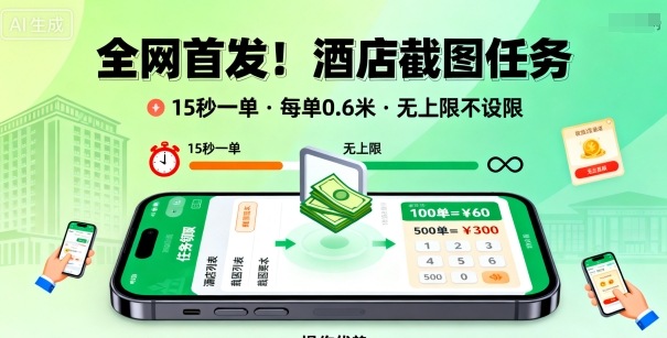 全网首发！酒店截图任务，15秒一单，每单0.6米，任务无上限不设限，矩阵操作单日3张到手【揭秘】-学链网创