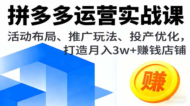 拼多多运营实战课，活动布局、推广玩法、投产优化，打造月入3w+赚钱店铺-学链网创