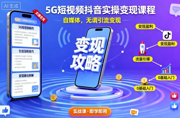 5G短视频抖音实操变现课程，自媒体，无谓引流变现-学链网创