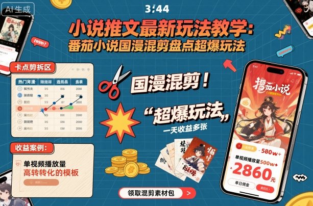 小说推文最新玩法教学，番茄小说国漫混剪盘点超爆玩法，全程干货，一天收益多张-学链网创