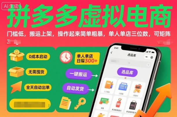 拼多多虚拟电商，门槛低，搬运上架，操作起来简单粗暴，单人单店三位数，可矩阵-学链网创