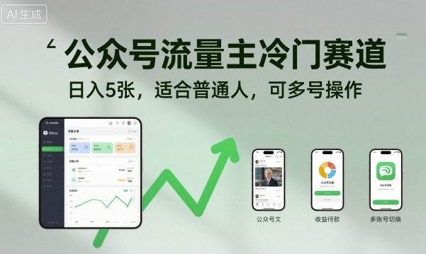 公众号流量主冷门赛道，日入5张，适合普通人，可多号操作-学链网创