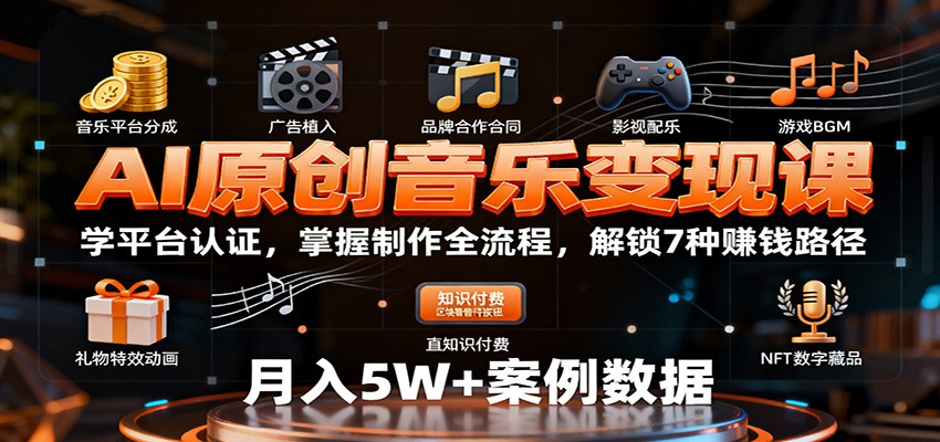 AI原创音乐变现课：学平台认证，掌握制作全流程，解锁7种赚钱路径-学链网创