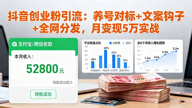 抖音创业粉引流：养号对标+文案钩子+全网分发，月变现5万实战-学链网创