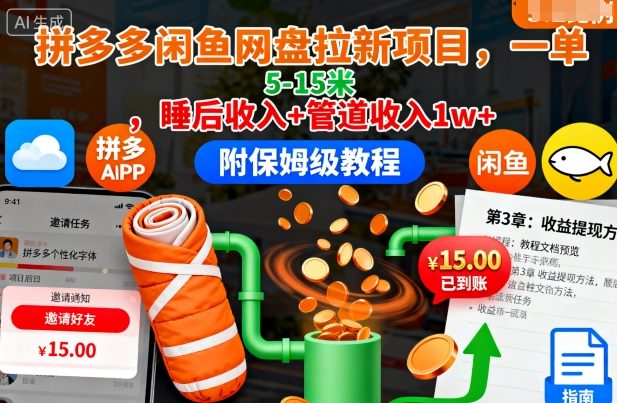 拼多多闲鱼网盘拉新项目，一单5-15米，睡后收入+管道收入1w+(附保姆级教程)-学链网创