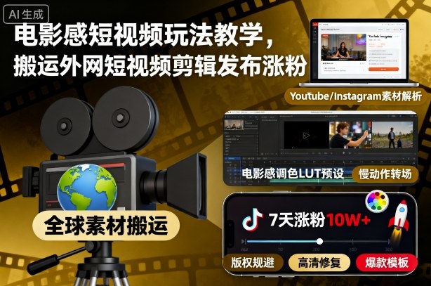 电影感短视频玩法教学，搬运外网短视频剪辑发布涨粉-学链网创