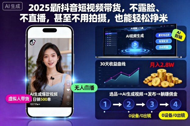 2025最新抖音短视频带货，不露脸、不直播，甚至不用拍摄，也能轻松挣米-学链网创