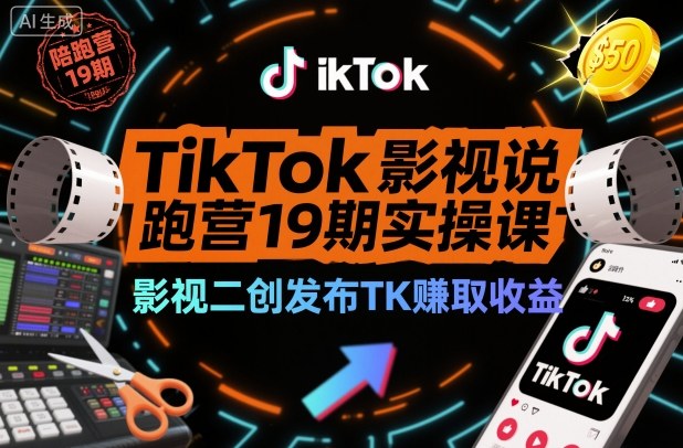 TikTok影视解说陪跑营19期实操课，影视二创发布TK賺取收益，万播收益50美金-学链网创