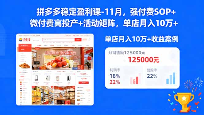 拼多多稳定盈利课-11月，强付费SOP+微付费高投产+活动矩阵，单店月入10w+-学链网创