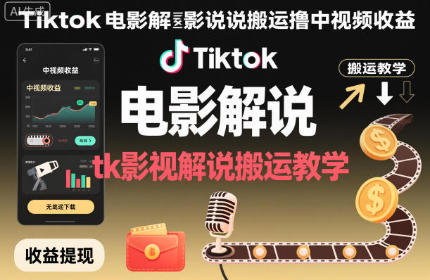 Tiktok电影解说搬运撸中视频收益，tk影视解说搬运教学-学链网创