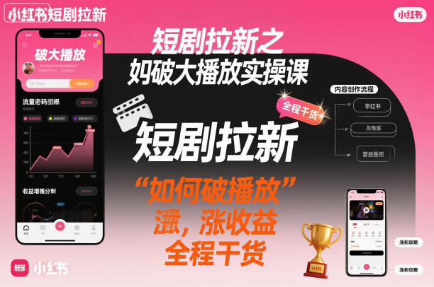 短剧拉新之小红书如何破大播放实操课，如何破播放，涨收益，全程干货-学链网创
