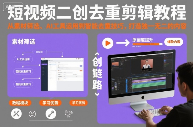 短视频二创去重剪辑教程，从素材筛选、AI工具运用到智能去重技巧，打造独一无二的内容-学链网创