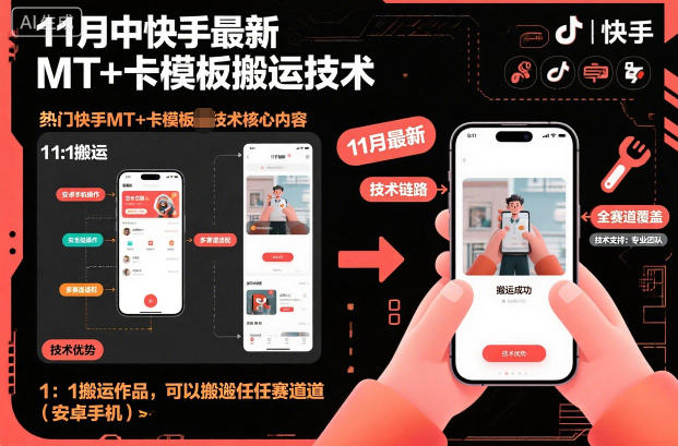 11月中快手最新MT+卡模板搬运技术，1：1搬运作品，可以搬运任何赛道(安卓手机)-学链网创