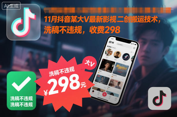 11月抖音某大V最新影视二创搬运技术，洗稿不违规，收费298-学链网创