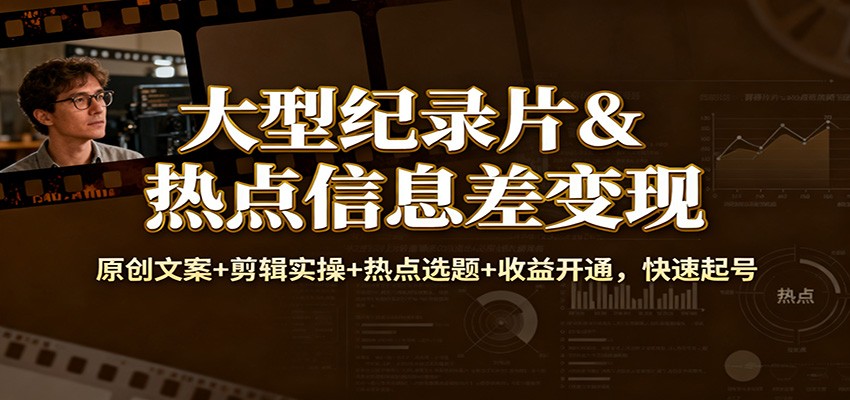 大型纪录片&热点信息差变现：原创文案+剪辑实操+热点选题+收益开通，快速起号-学链网创