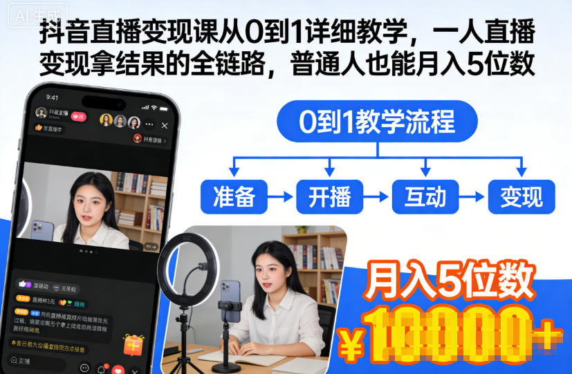 抖音直播变现课从0到1详细教学，一人直播变现拿结果的全链路，普通人也能月入5位数-学链网创