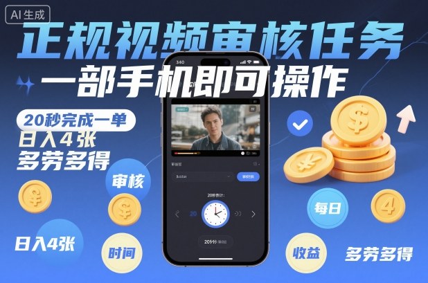 正规视频审核任务，一部手机即可操作，20秒完成一单，日入4张，多劳多得【揭秘】-学链网创